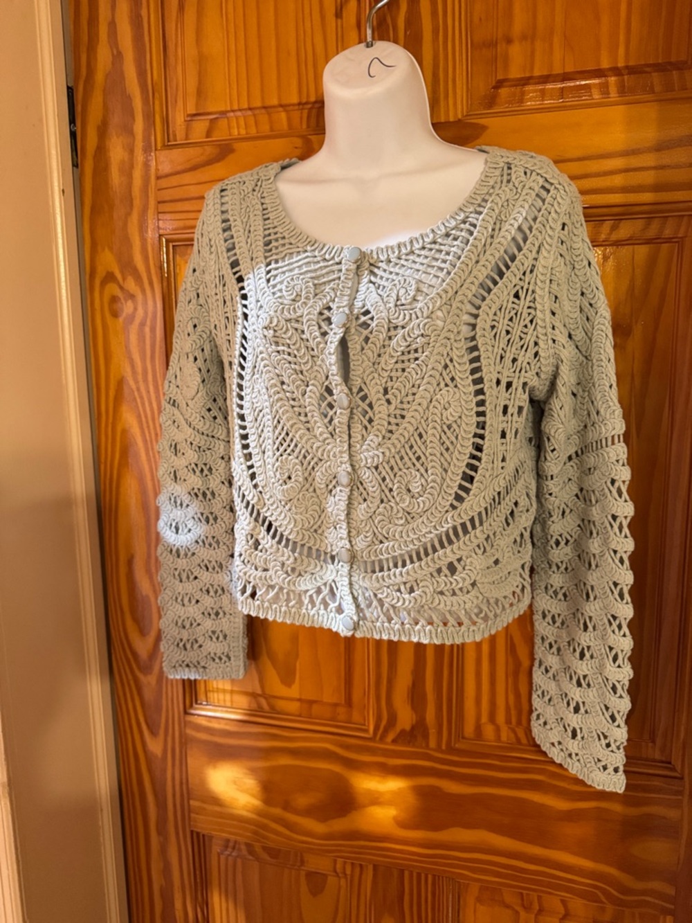 Ultra Pink Sage Green Crochet Knit Button-Front Cardigan
